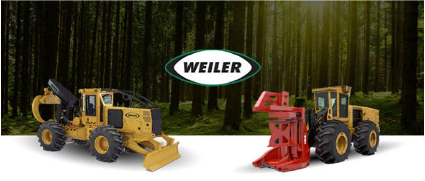 Weiler logo with forest background and two forestry machines